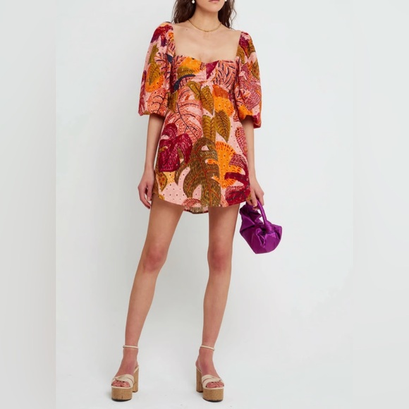 NWOT Kourt Autumn Embroidered Eyelet Stretch Birds Tropical Leaves Mini Dress S - Picture 1 of 15